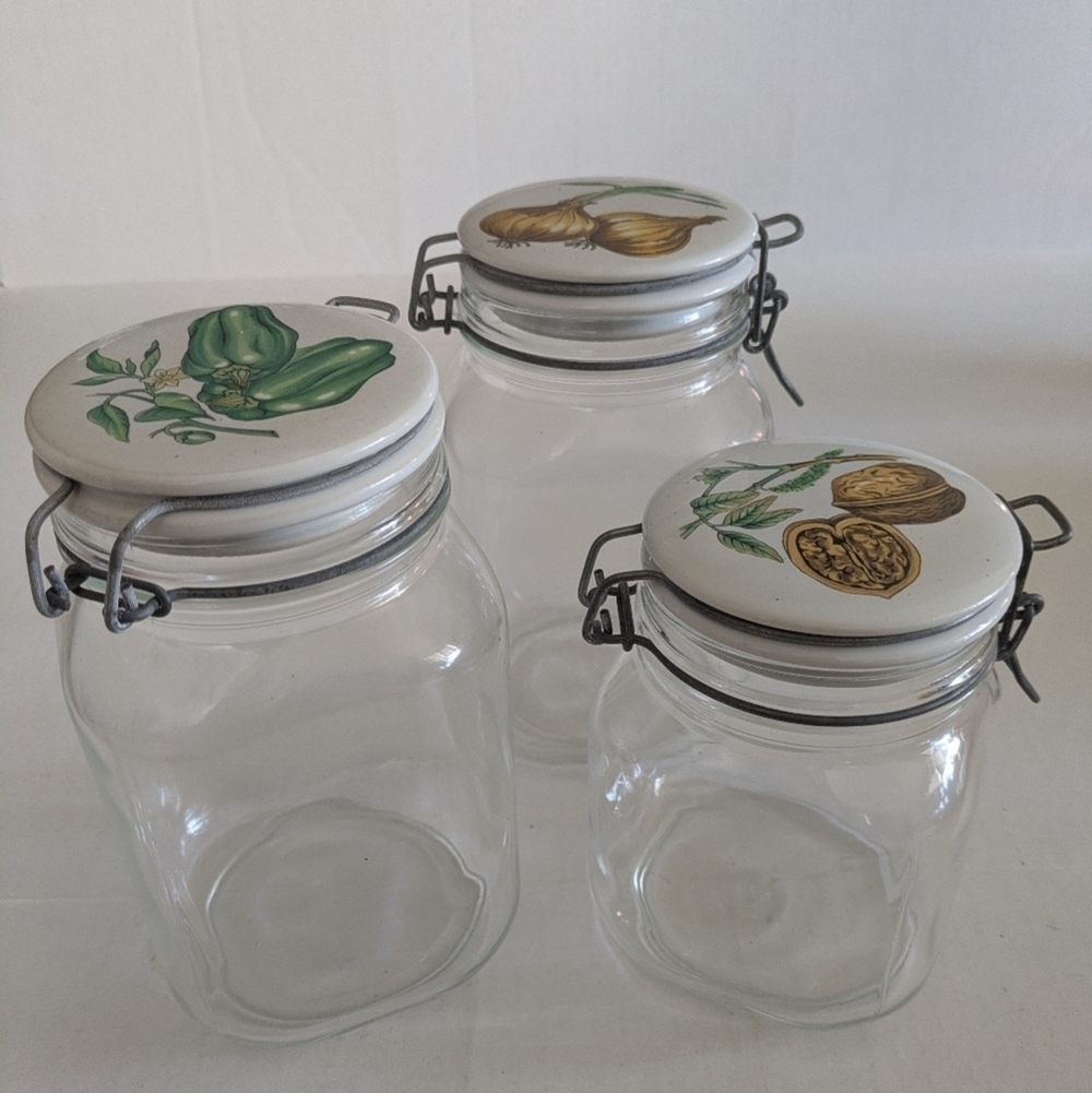 Vintage Glass Storage Jars With Snap Lids. Set Of 3